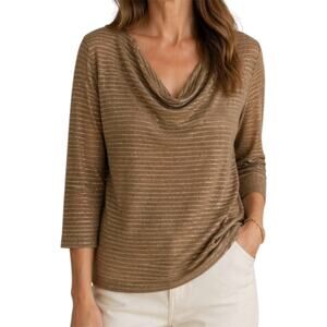 Eileen Fisher Metallic Striped Draped Cowl Neck Knit Top Tan Gold Size Large